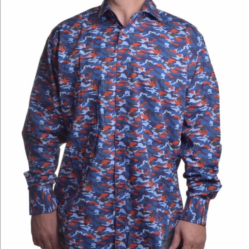 Thomas Dean Blue Camo Plaid Button Down Casual Dress Sz. XXL